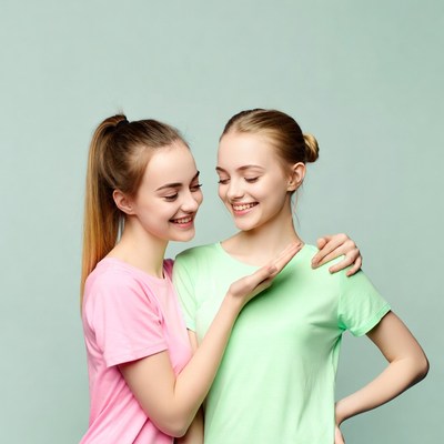 Two girls hugging and smiling