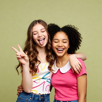 Two girls sticking tongue out peace sign