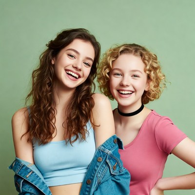Two Smiling Teenage Girls Posing Together