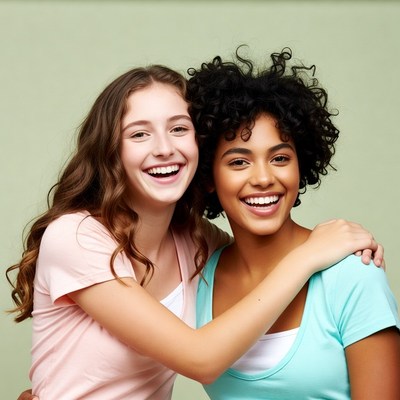 Two smiling girls hugging