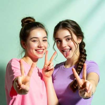 Two girls making peace signs
