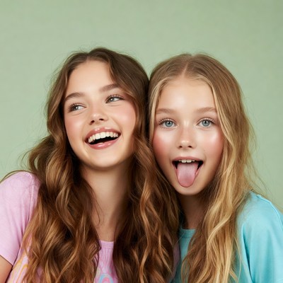 Two girls laughing with tongue out