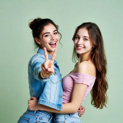 Two girls making peace sign