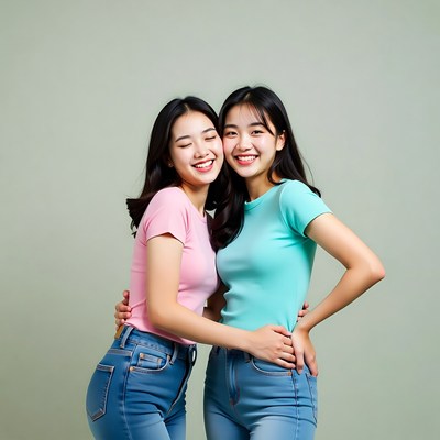 Two smiling Asian women hugging