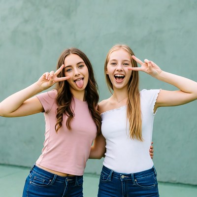 Two girls making peace signs