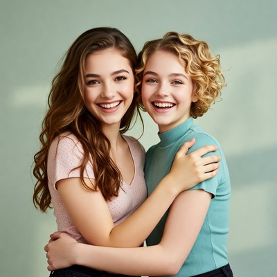 Two smiling teenage girls hugging