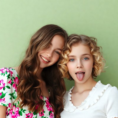 Two girls sticking tongue out smiling
