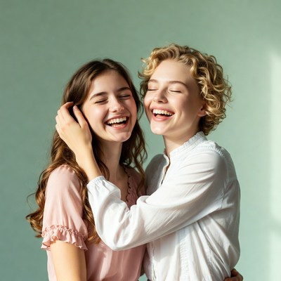 Two young women laughing and hugging