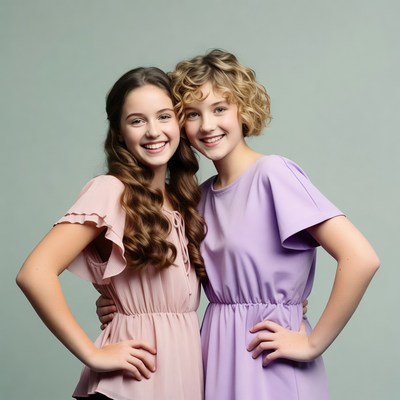 Two smiling teenage girls embracing
