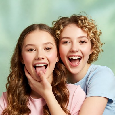 Two girls sticking out tongues smiling