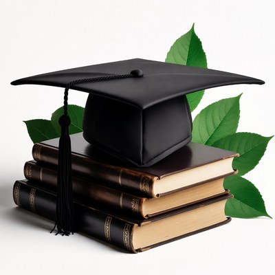 Graduation Cap on Stack of Books with Leaves