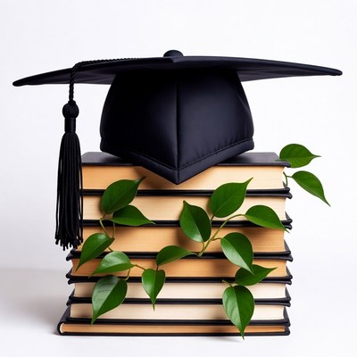 Graduation Cap on Books with Vines