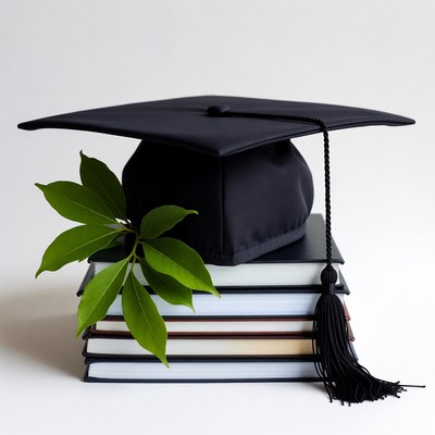 Graduation Cap on Books with Leaves