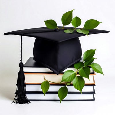 Graduation Cap on Books with Leaves