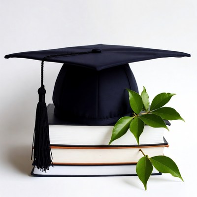Graduation Cap on Books with Leaves
