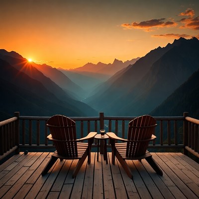 Adirondack Chairs on Deck at Sunset Mountains