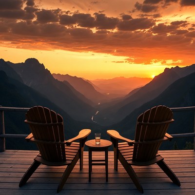 Adirondack Chairs Overlooking Mountain Sunset