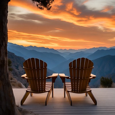 Adirondack Chairs Overlooking Sunset Mountains