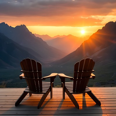 Two Adirondack Chairs Sunset Mountain View