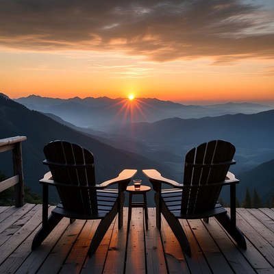 Adirondack Chairs Overlooking Mountain Sunset