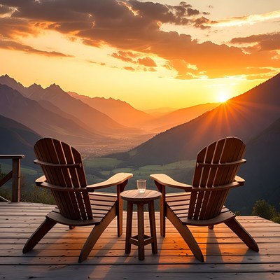 Adirondack Chairs Overlooking Mountain Sunset