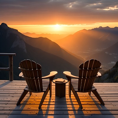 Two Adirondack Chairs Sunset Mountain View