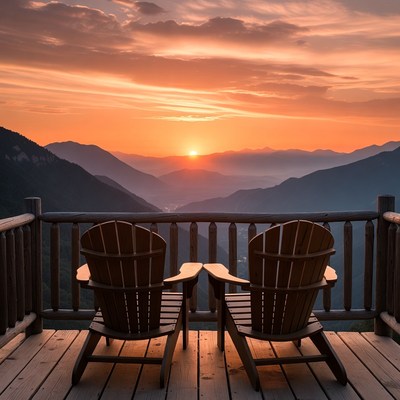 Two Adirondack Chairs on Deck at Sunset