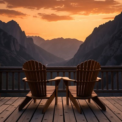 Adirondack Chairs on Deck at Sunset Mountains