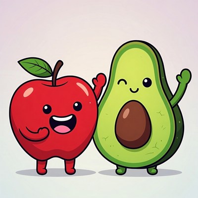 Cute Apple and Avocado Waving