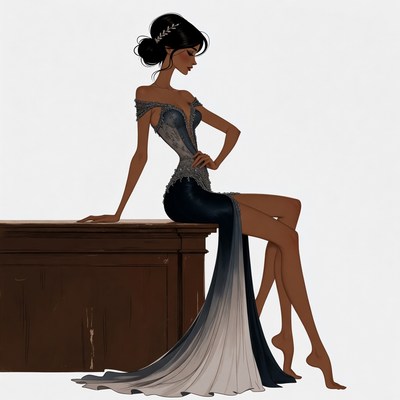 Elegant woman in gradient gown sitting