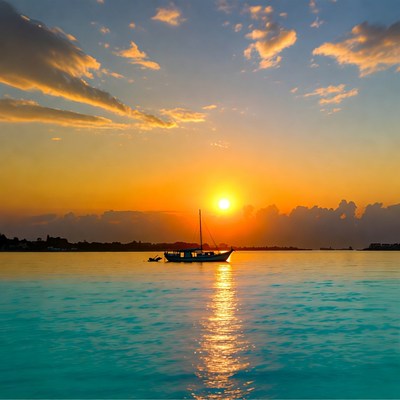 Sailboat on lake at sunset