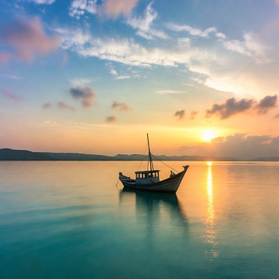 Traditional Boat on Calm Sea at Sunset