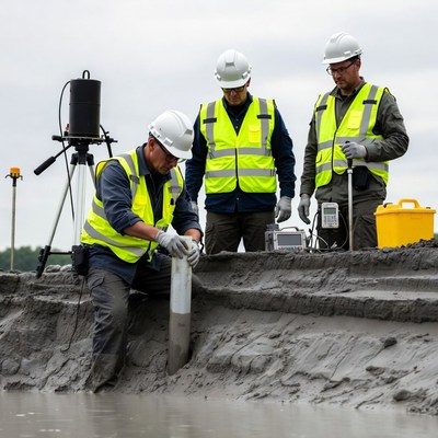Engineers surveying soil on embankment
