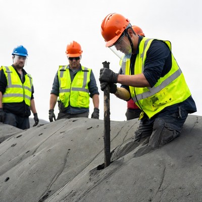 Workers drilling into volcanic ash pile