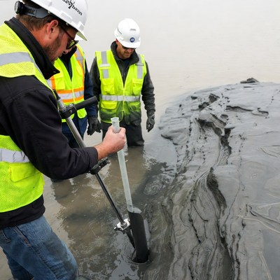 Workers sampling mud with probe