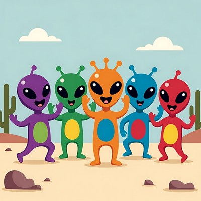 Colorful cartoon aliens waving in desert