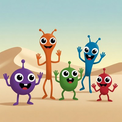 Colorful Cartoon Aliens in Desert