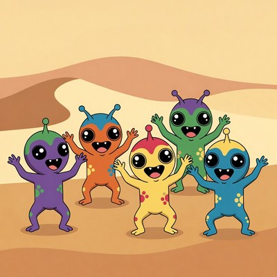 Colorful aliens waving in desert