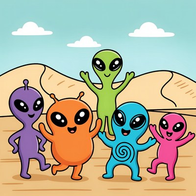Colorful cartoon aliens dancing in desert