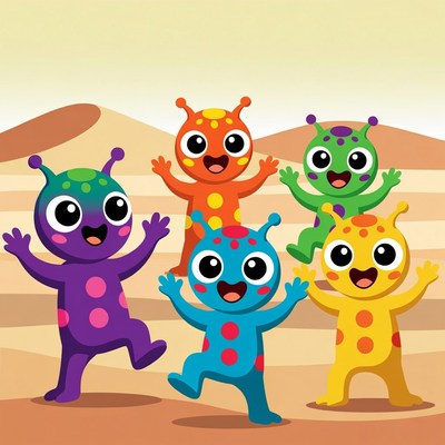 Colorful cartoon aliens dancing in desert