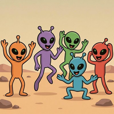 Colorful cartoon aliens dancing happily
