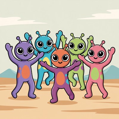 Colorful cartoon aliens dancing together