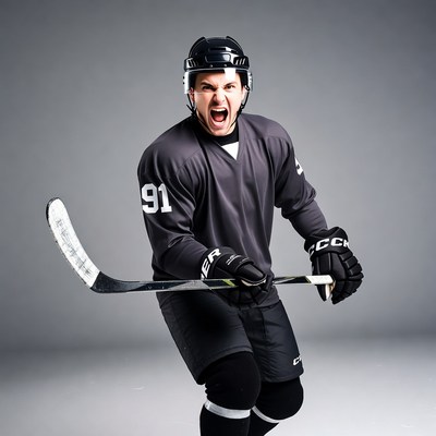 Hockey player shouting with stick