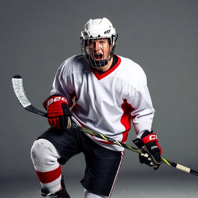 Hockey player shouting with stick
