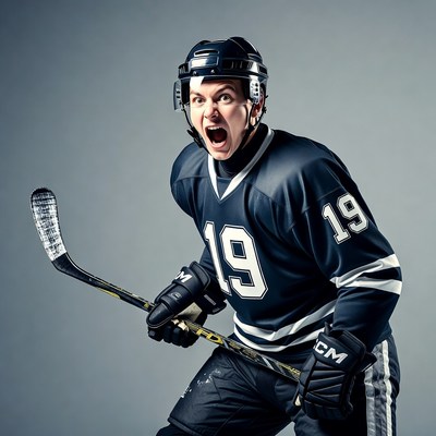 Intense hockey player shouting with stick