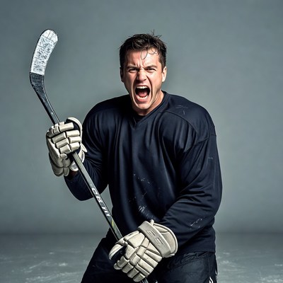 Man shouting with hockey stick