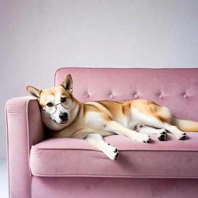 Shiba Inu wearing glasses on pink couch
