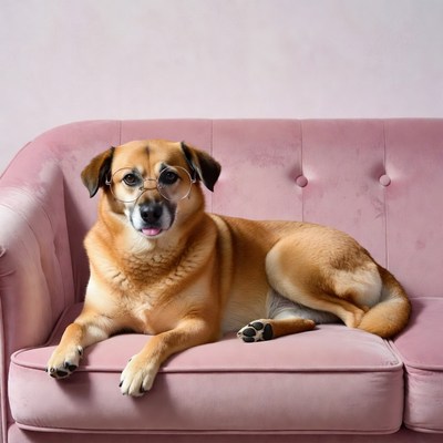Dog wearing glasses on pink sofa