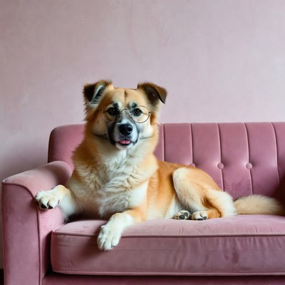 Dog wearing glasses on pink sofa
