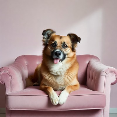 Dog wearing glasses on pink chair